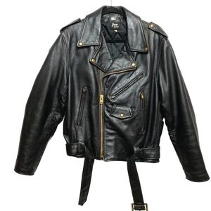 Vintage Genuine Leather Motorcycle Jacket Black Mens Size 46 Talon Zip Belted